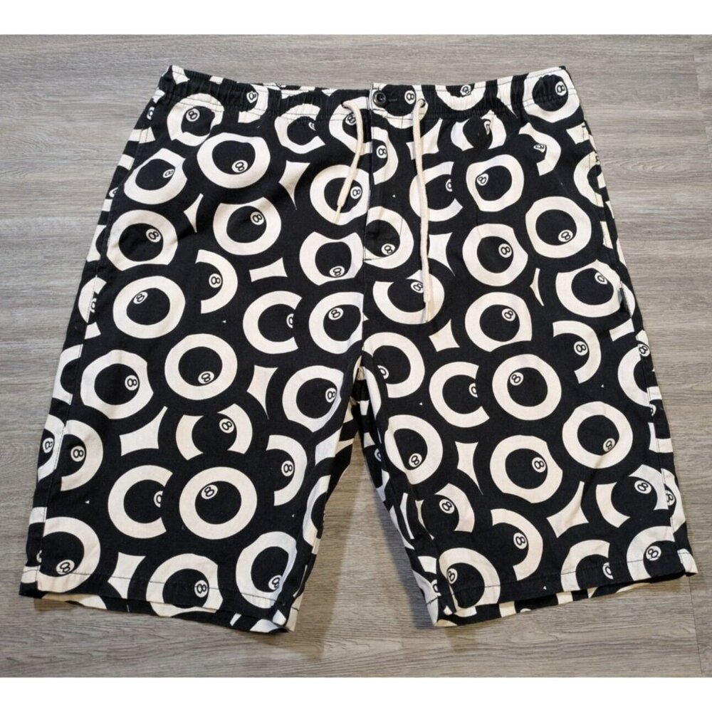 Stussy Men’s Large 8 Ball Eight Drawstring Shorts AOP White Black Cotton Rare